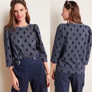 Anthropologie polka dot puff sleeves navy‎ blouse size small Serena Eva Franco